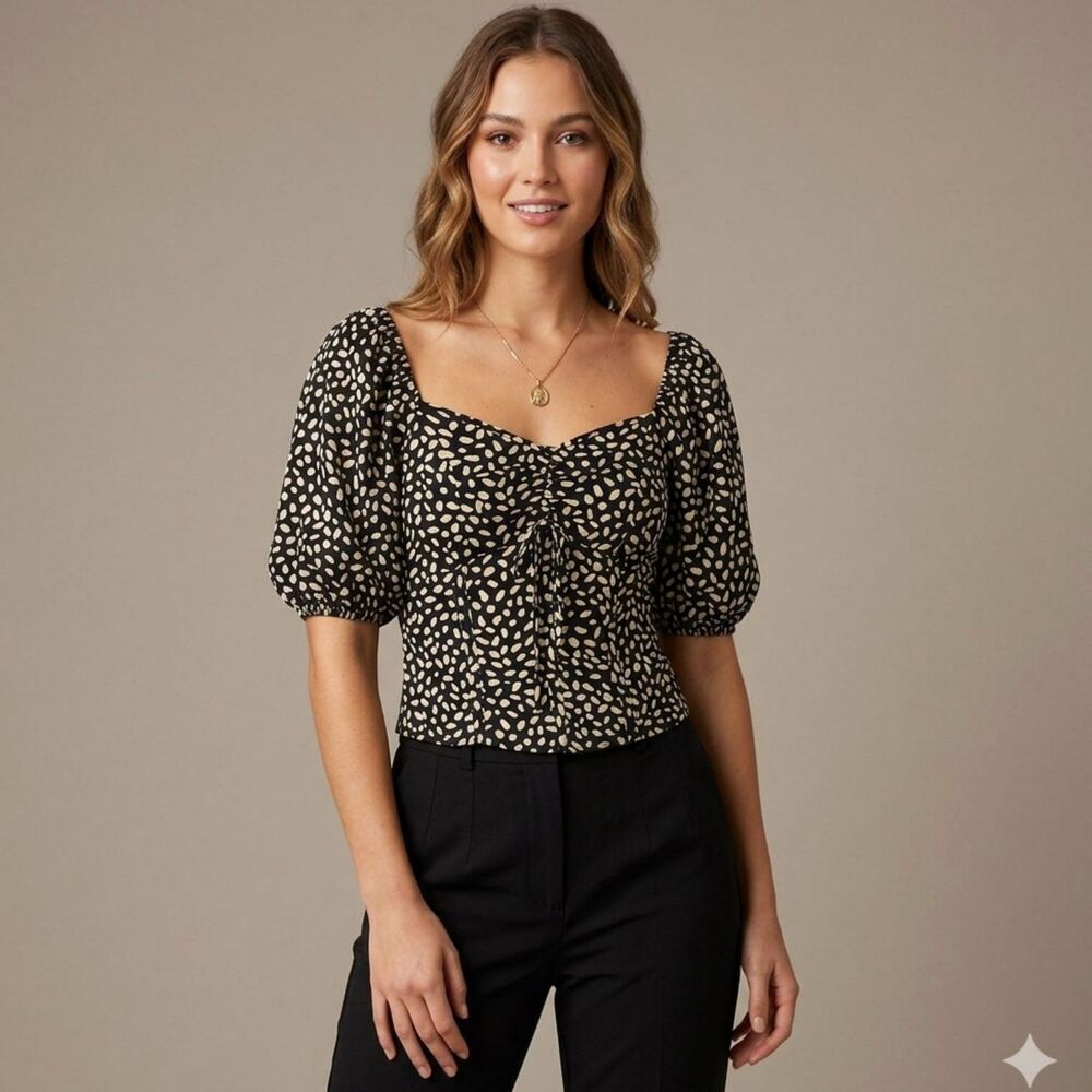 Sienna Sky Smocked Puff Sleeve Top S Black White Animal Print Boho Sweetheart